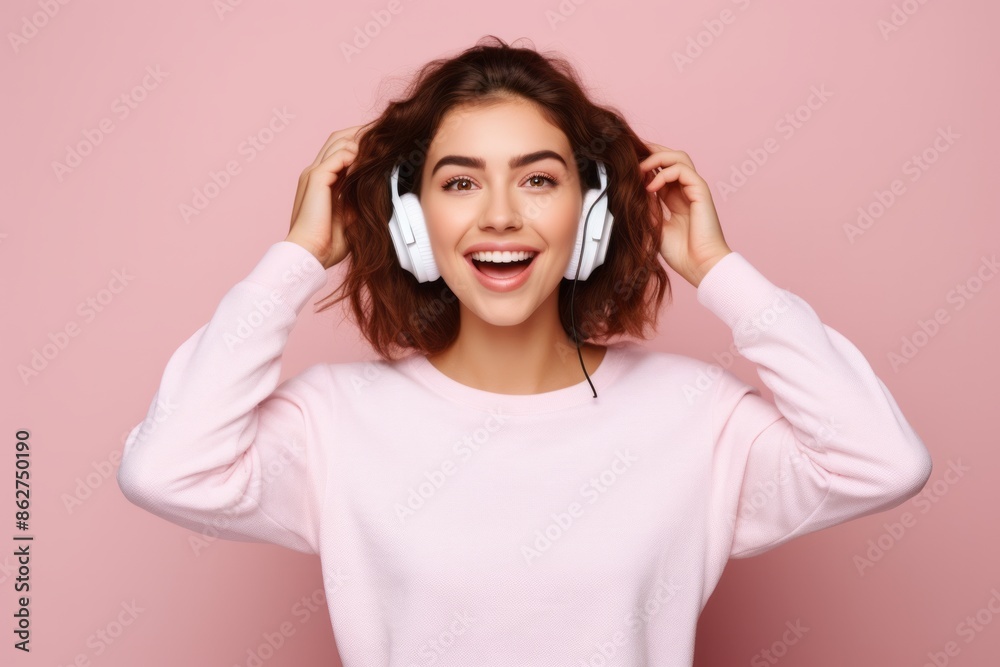 Happy woman with headphones on pink background Happy woman with headphones on pink background