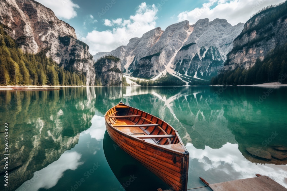 Tranquil Mountain Lake with Wooden Rowboat Tranquil Mountain Lake with Wooden Rowboat