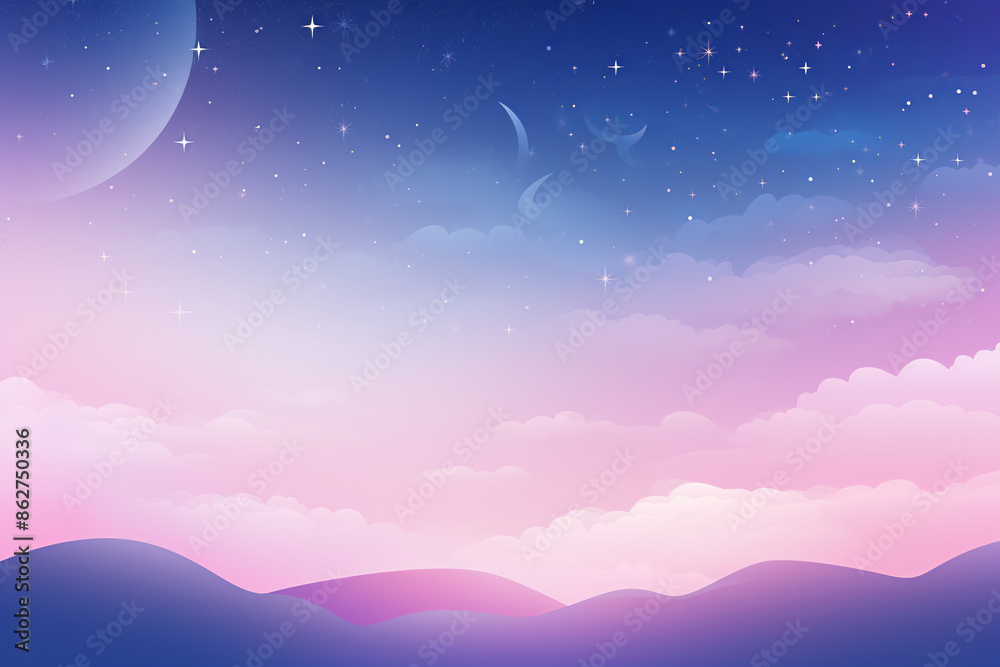 Fototapeta premium beautiful Northern lights sky, Aurora borealis, psychedelic Gradient landscape with hills, soft colors, blue, pink, violet