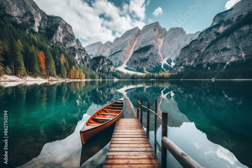 Serene mountain lake with dock and canoe