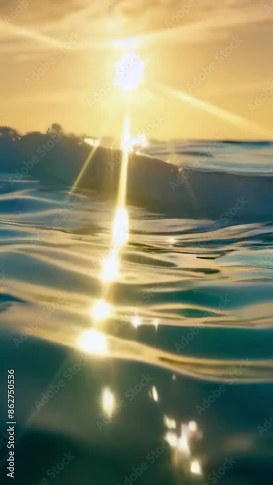 clean blue sea water line and underwater view with rays of sunset or ...