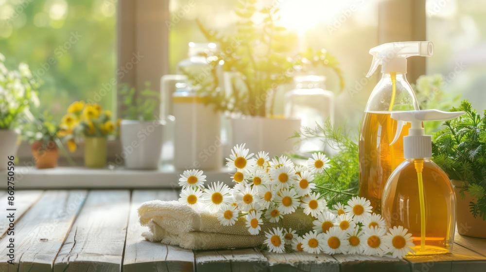 Warm, sunlit corner showcasing eco-friendly cleaning supplies on a wooden surface with fresh daisies, promoting a healthy, sustainable home environment. Generative AI Warm, sunlit corner showcasing eco-friendly cleaning supplies on a wooden surface with fresh daisies, promoting a healthy, sustainable home environment. Generative AI