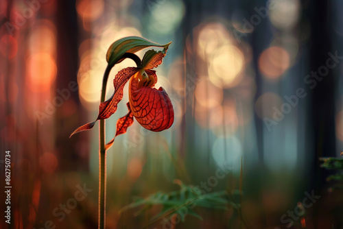 Lady's-slipper orchid flower in the morning light with bokeh, glowing effects, blurred greenery in background photo