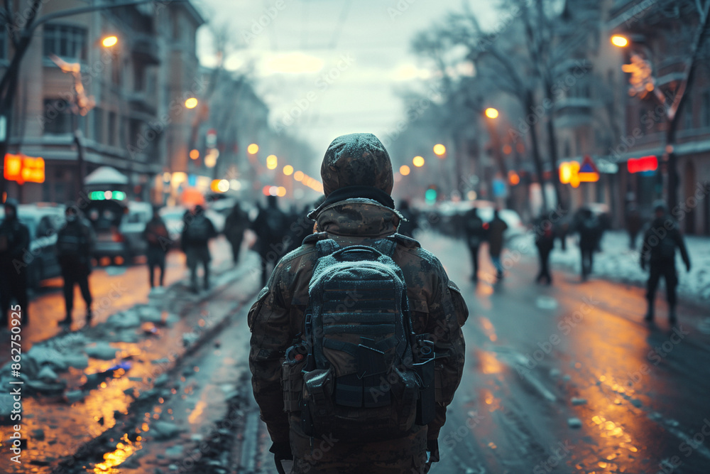 Obraz premium Crisis in Belarus: Opposition movement and international responseA man wearing a backpack walks along a snowcovered street