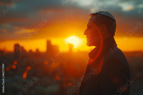 Middle East Peace Process: Efforts to resolve conflicts in the region.A man watches sunset over city skyline with nature and urban keywords
