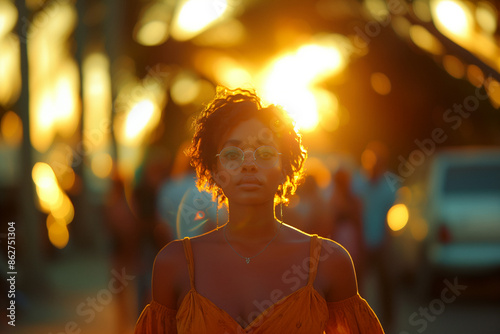 Racial Justice Initiatives: Efforts to address systemic racism and inequality.A woman wearing an orange dress is standing in front of a beautiful sunset