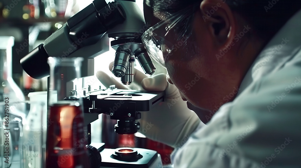 Scientist Looking Through a Microscope in a Laboratory Scientist Looking Through a Microscope in a Laboratory