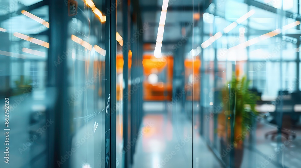 Beautiful blurred background of a modern office interior in gray tones with panoramic windows, glass partitions and orange color accents.