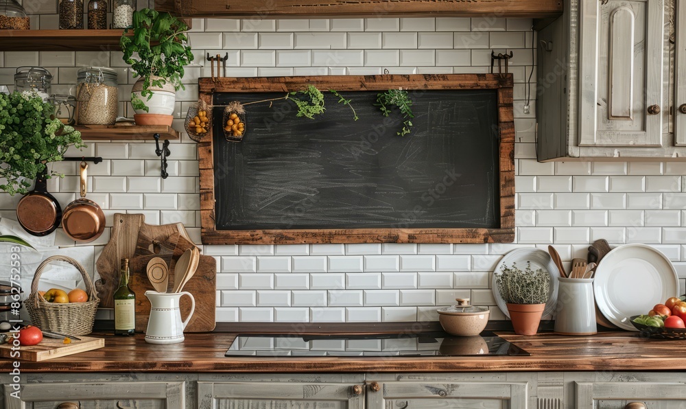 Serene kitchen with a blank chalkboard on the wall Serene kitchen with a blank chalkboard on the wall