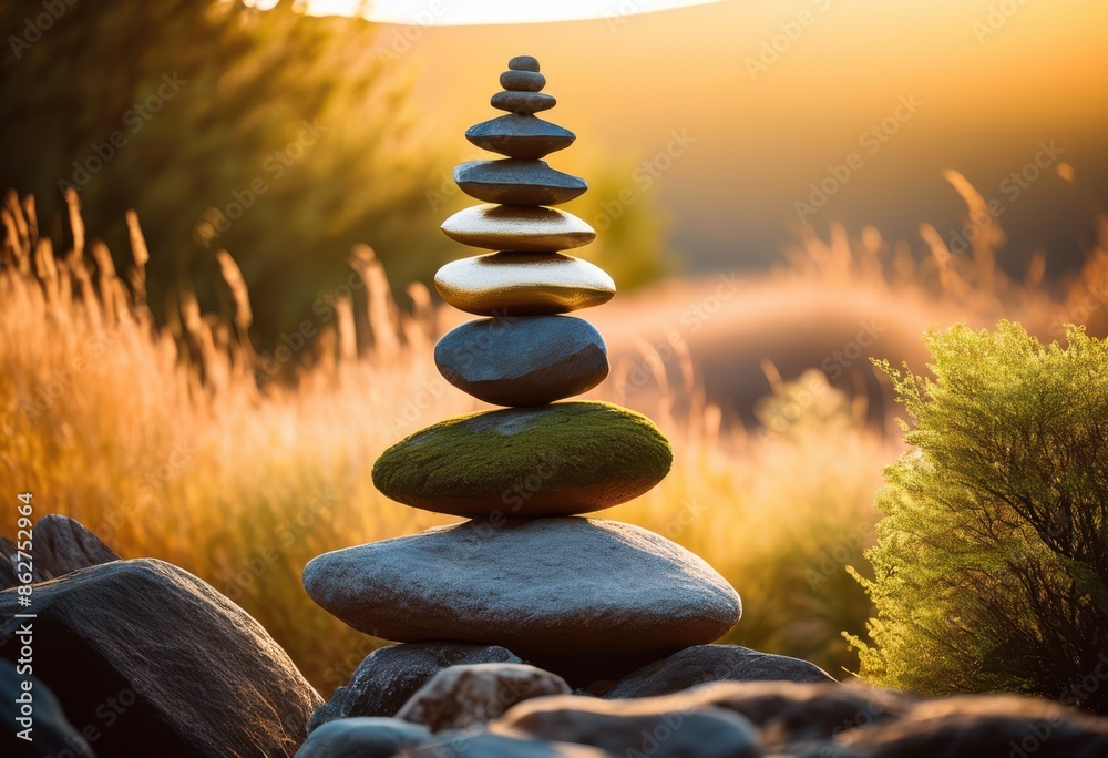 Obraz premium balanced stone stack zen cairn sculpture nature, art, harmony, meditation, rock, arrangement, equilibrium, calm, serene, outdoors, natural, stacked, pebbles