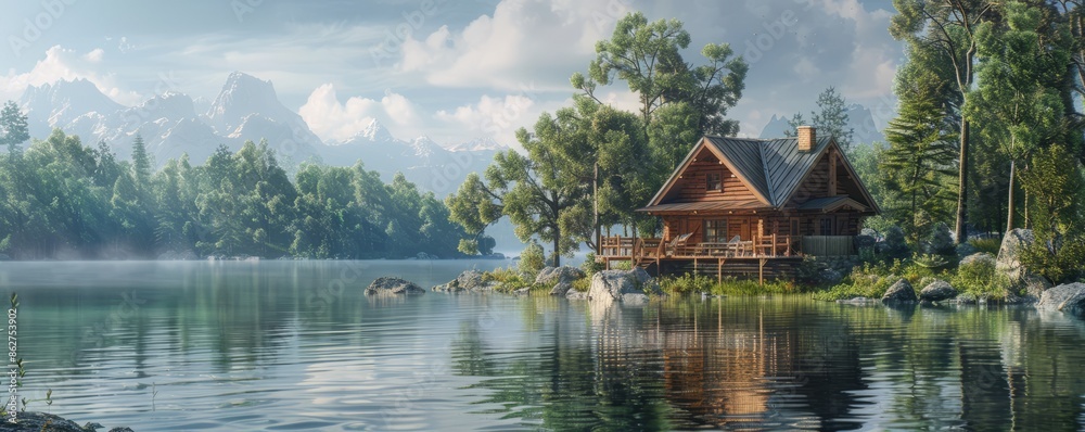 Obraz premium A tranquil lakeside cabin. Realistic.