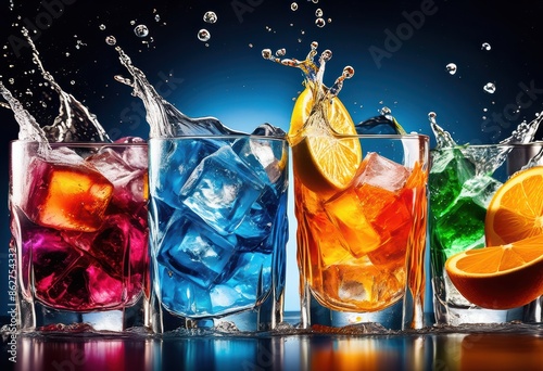 refreshing ice cubes dropping into chilled beverage, cold, drink, cool, water, glass, summer, transparent, frozen, liquid, droplets, splashing, crystal, clear photo
