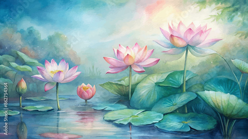 Watercolor background of graceful lotus flower blooming