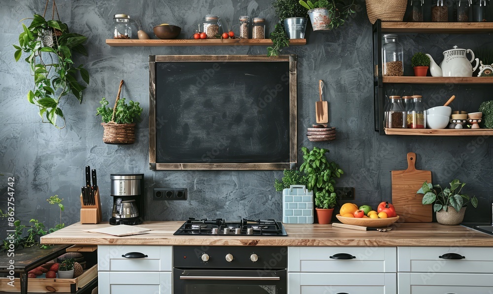Serene kitchen with a blank chalkboard on the wall Serene kitchen with a blank chalkboard on the wall
