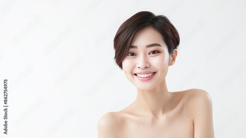 Portrait of a beautiful, sexy, smiling Asian woman with short hair, with perfect skin, white background, banner. Portrait of a beautiful, sexy, smiling Asian woman with short hair, with perfect skin, white background, banner.