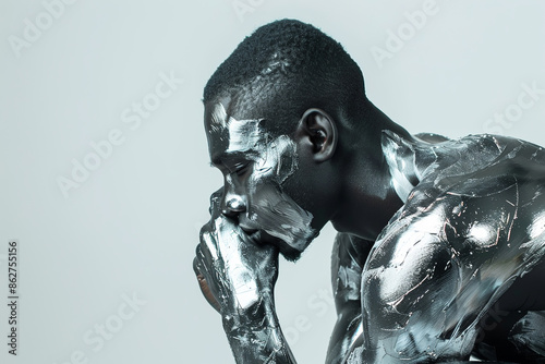 Portrait of African male model with liquid silver paint on his skin, soft lighting, white, gray background