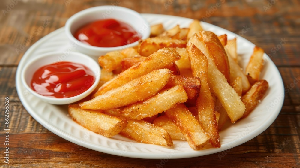 A serving of crispy, seasoned steak fries on a white plate with a small bowl of ketchup A serving of crispy, seasoned steak fries on a white plate with a small bowl of ketchup