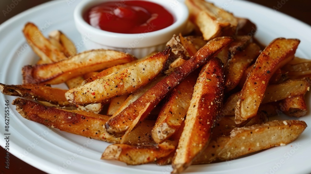 A serving of crispy, seasoned steak fries on a white plate with a small bowl of ketchup A serving of crispy, seasoned steak fries on a white plate with a small bowl of ketchup