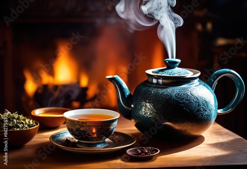 hot steaming pot tea cozy relaxing tea time scene aromatic beverage, table, warm, drink, comforting, soothing, mug, herbal, infusion, brew, cup, relaxation photo