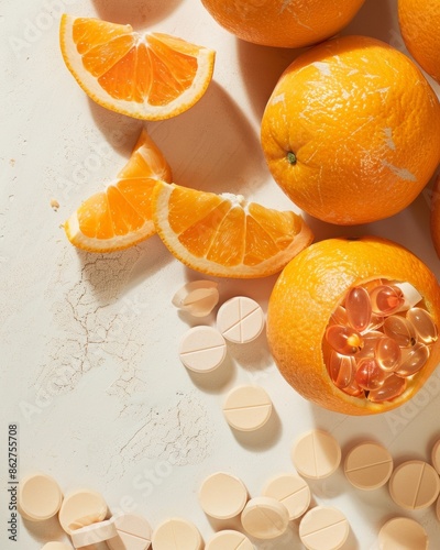 Bright Morning Health Fresh Oranges and Dissolvable Vitamin Discs on a Sunny Table, Promoting Wellness and Refreshment photo