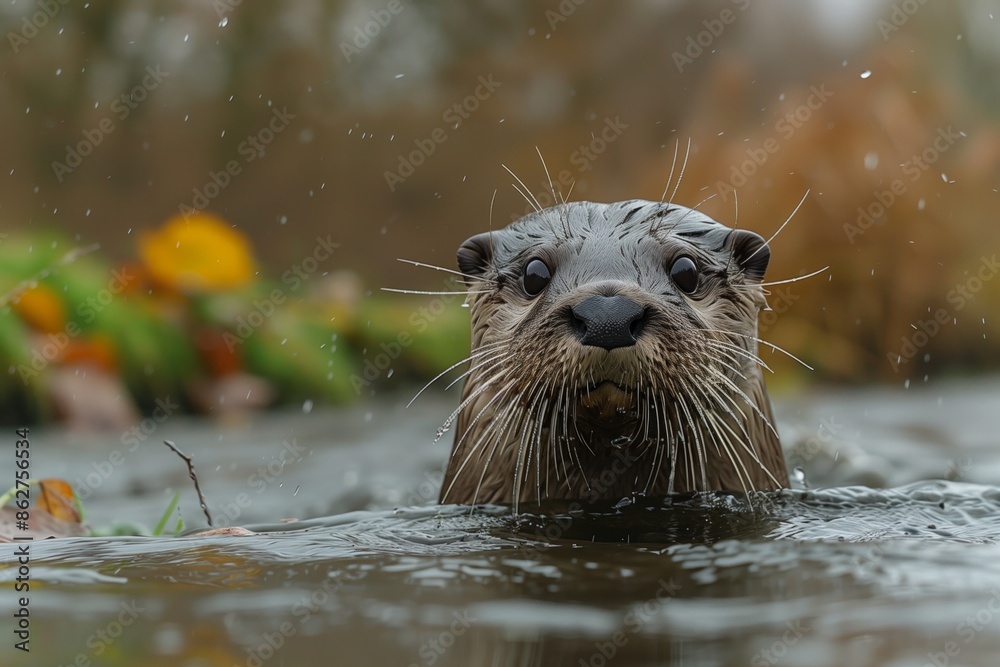 Curious Otter Emerging From Water In Autumn Curious Otter Emerging From Water In Autumn