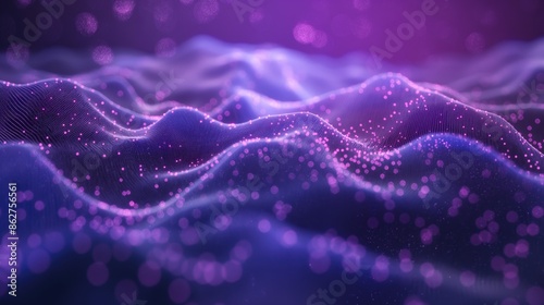 Abstract Purple and Blue Wavy Background with Glowing Particles in a Digital Futuristic Style. © Anna