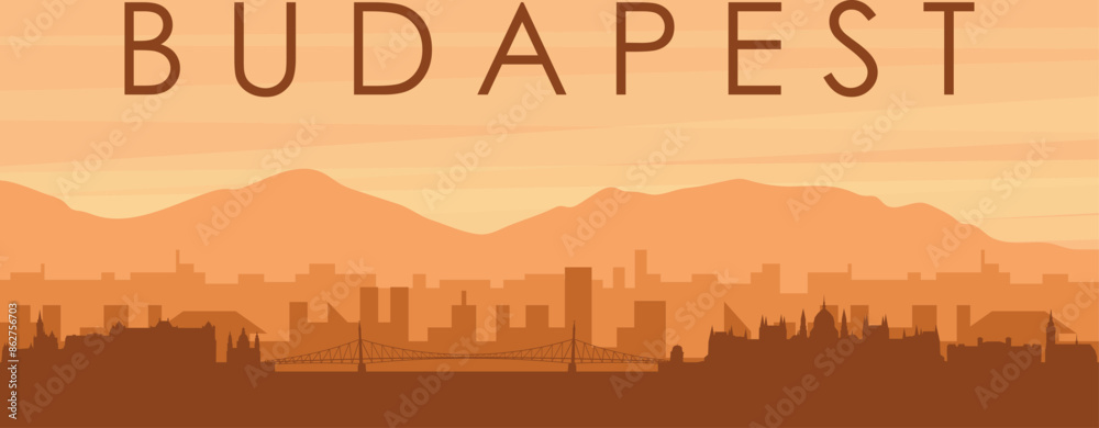 Brown panoramic poster of the city skyline with misty background buildings, sunrise, clouds and mountains of BUDAPEST, HUNGARY Brown panoramic poster of the city skyline with misty background buildings, sunrise, clouds and mountains of BUDAPEST, HUNGARY
