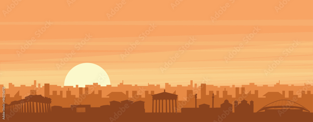 Obraz premium Brown panoramic poster of the city skyline with misty background buildings, sunrise, clouds and mountains of ATHENS, GREECE