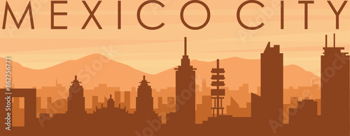 Brown panoramic poster of the city skyline with misty background buildings, sunrise, clouds and mountains of MEXICO CITY, MEXICO
