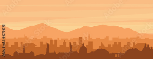 Brown panoramic poster of the city skyline with misty background buildings, sunrise, clouds and mountains of COPENHAGEN, DENMARK