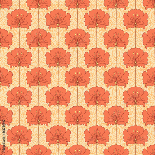 Vintage seamless pattern with pink flowers. Art nouveau style. Vector illustration. Vintage Fabric, textile, wrapping paper, textiles, wallpaper. Retro hand drawn background.