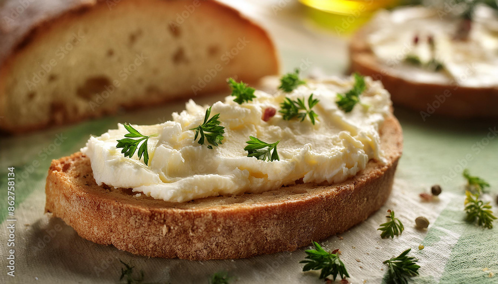 Creamy homemade cheese on slice of crusty bread, with fresh herbs. Tasty food. Delicious snack Creamy homemade cheese on slice of crusty bread, with fresh herbs. Tasty food. Delicious snack