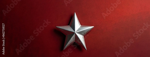 Silver Star isolated on red background, Communism and socialism vector icon, sickle and the star of communism, Design template for Poster, Web banner, Brochure, Card with copy space