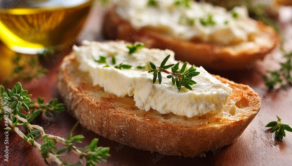 Creamy homemade cheese on slice of crusty bread, with fresh herbs. Tasty food. Delicious snack Creamy homemade cheese on slice of crusty bread, with fresh herbs. Tasty food. Delicious snack