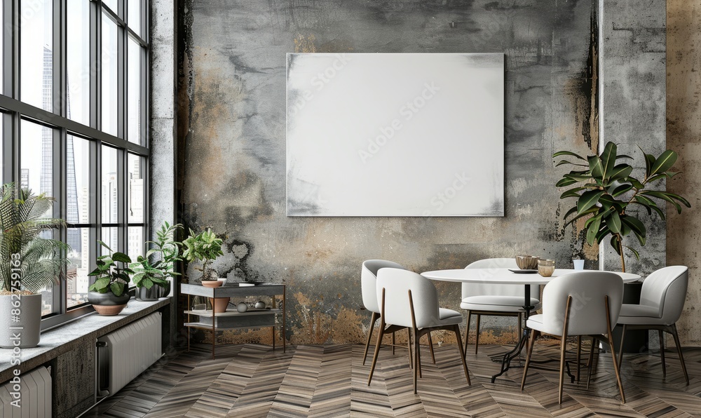 Cozy dining room with a blank canvas on the wall Cozy dining room with a blank canvas on the wall