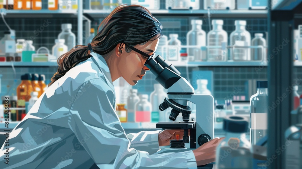 Female scientist working with a microscope in a lab.