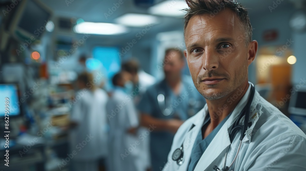 Doctor monitoring patient data on digital screens. Doctor monitoring patient data on digital screens.
