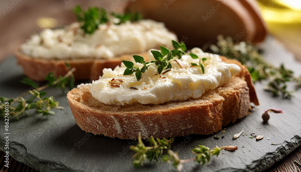 Creamy homemade cheese on slice of crusty bread, with fresh herbs. Tasty food. Delicious snack Creamy homemade cheese on slice of crusty bread, with fresh herbs. Tasty food. Delicious snack