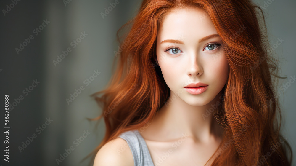 Portrait of a beautiful, sexy, smiling Asian woman with long red hair and perfect skin, gray background, banner. Portrait of a beautiful, sexy, smiling Asian woman with long red hair and perfect skin, gray background, banner.