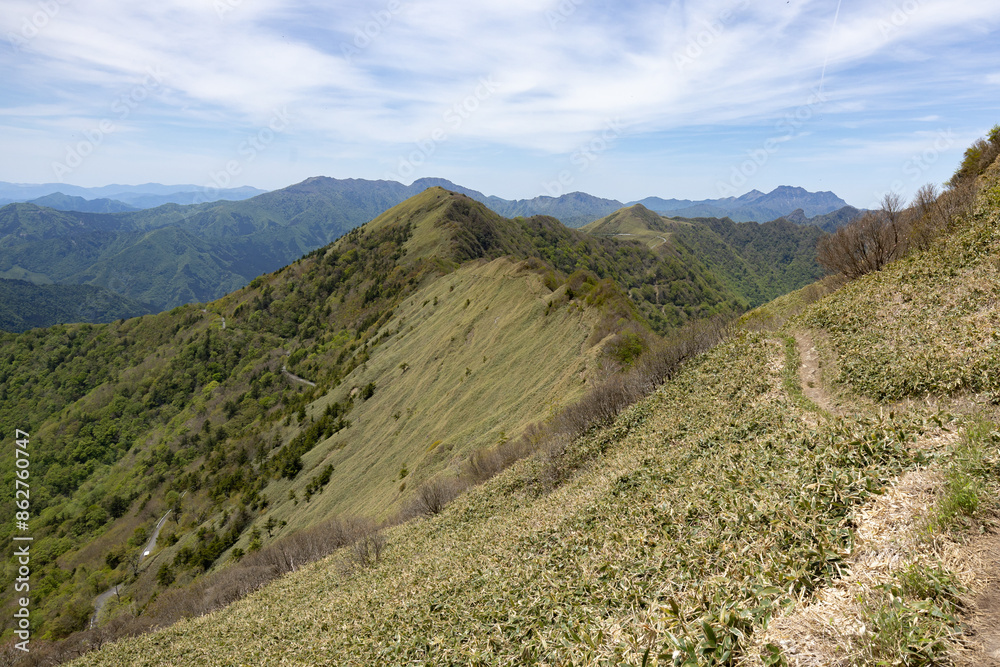 Naklejka premium 伊予富士から見た石鎚山、東黒森方面の眺め