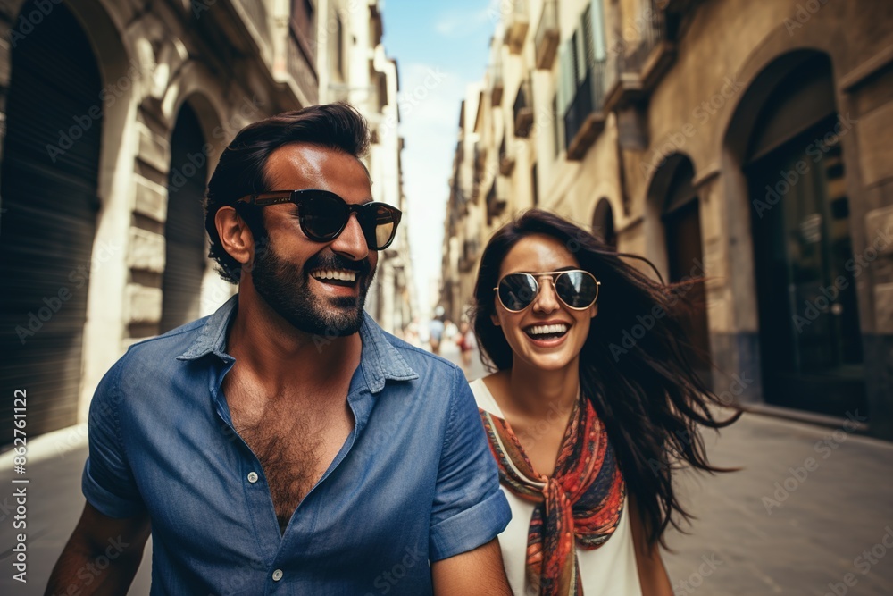 A man and woman are walking down a street, smiling and wearing sunglasses