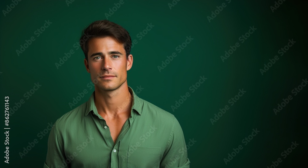 Fototapeta premium A man in a green shirt is standing in front of a green background