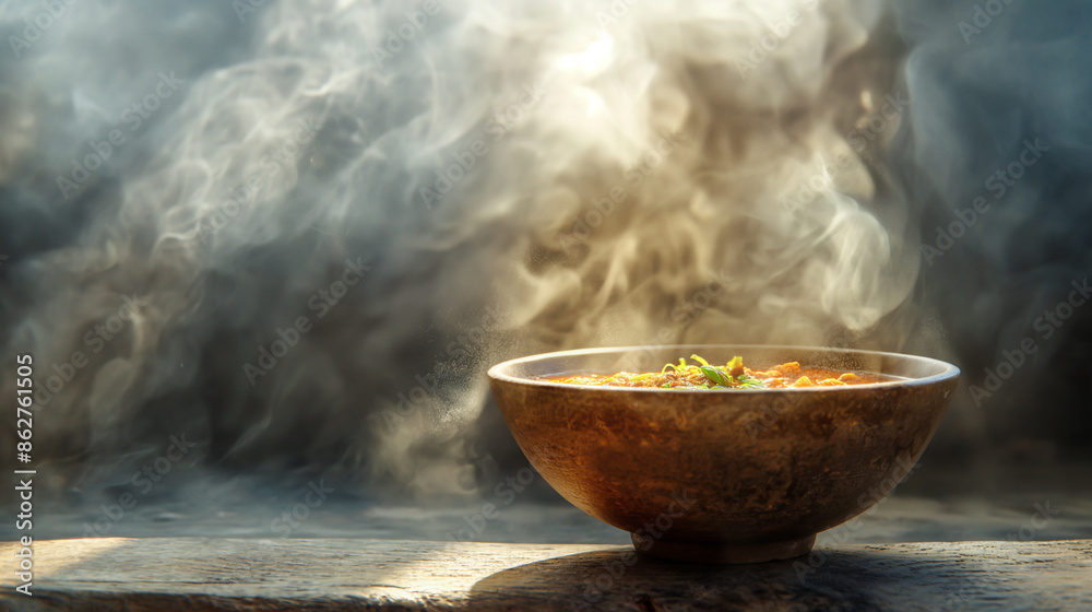 A bowl of boiling soup sits on the kitchen counter, ready to eat. The warm, golden light of the setting sun illuminates the area. A bowl of boiling soup sits on the kitchen counter, ready to eat. The warm, golden light of the setting sun illuminates the area.