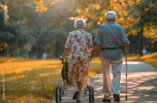 Elderly Couple Walking Hand In Hand Through Park At Sunset