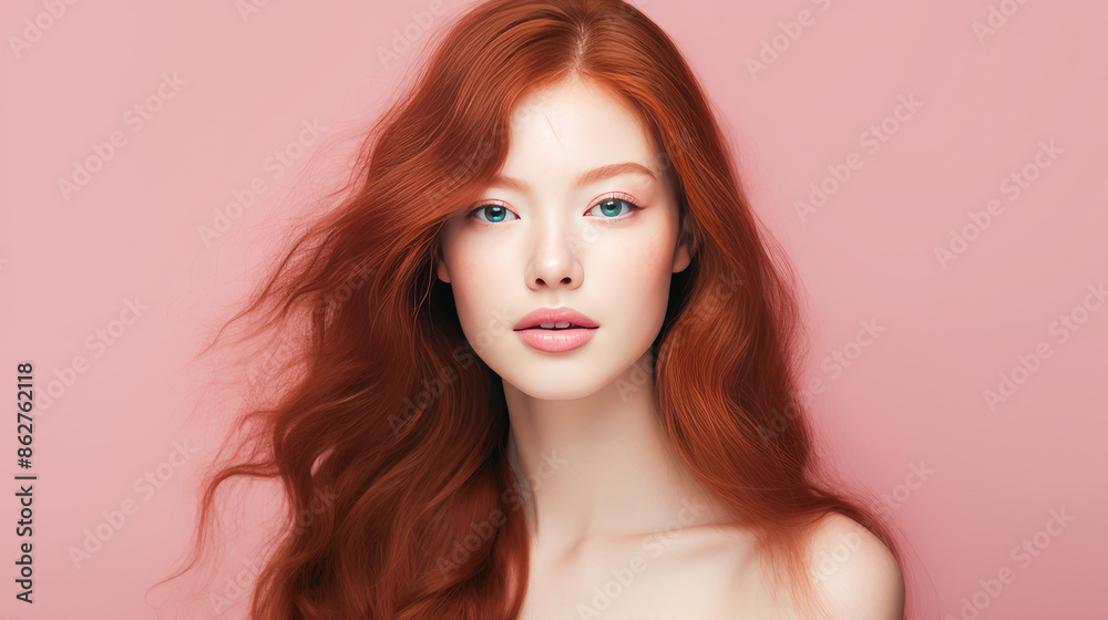 Portrait of a beautiful, sexy, smiling Asian woman with long red hair and perfect skin, pink background, banner. Portrait of a beautiful, sexy, smiling Asian woman with long red hair and perfect skin, pink background, banner.