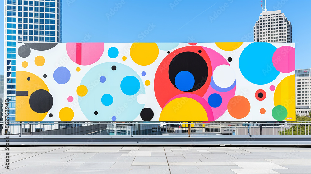 Obraz premium Colorful Billboard Art with Abstract Circles. Set Against a Cityscape Backdrop for Modern Design
