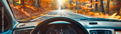 Autumn Road Trip Playlist Displayed on Car Stereo Dashboard © doraclub