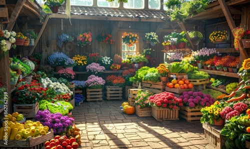 A colorful summer market with fresh flowers and produce