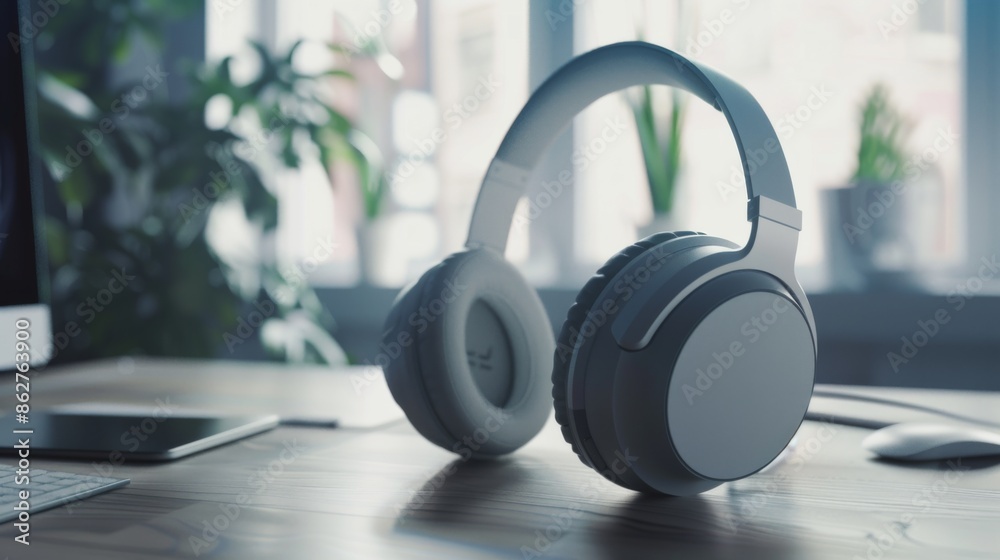 A close-up of a pair of premium over-ear headphones resting on a sleek modern desk. A close-up of a pair of premium over-ear headphones resting on a sleek modern desk.