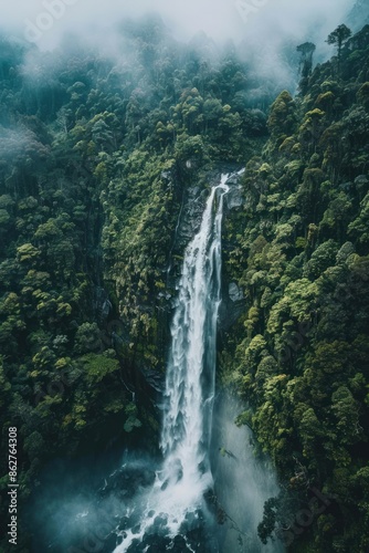 Aerial top down view of stunning waterfall outdoors nature forest.